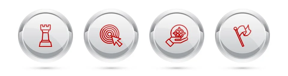 Set line Chess, Target with arrow, and Flag. Silver circle button. Vector Stock Illustration