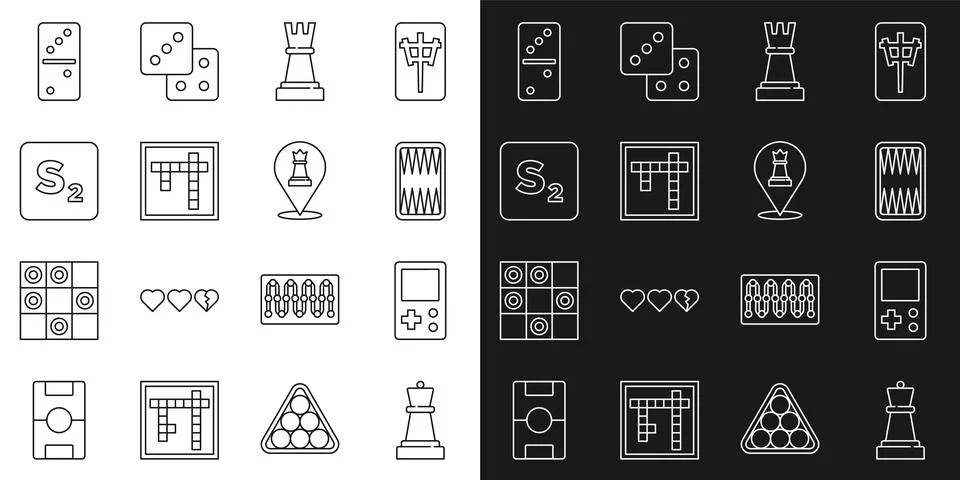 Set line Chess, Tetris, Backgammon board, Bingo, Domino and icon. Vector Stock Illustration