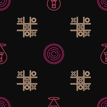Set line Chess, Tic tac toe game and Checker chips on seamless pattern. Vector Illustrazione stock