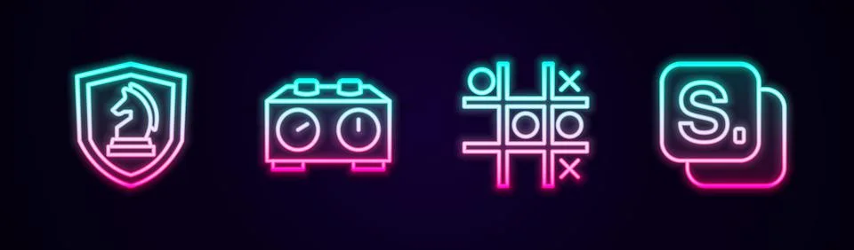 Set line Chess, Time chess clock, Tic tac toe game and Bingo. Glowing neon icon イラスト素材