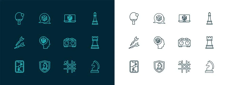 Set line Chess, Time chess clock, Tic tac toe game, Game dice, Racket and  .. Stock Illustration