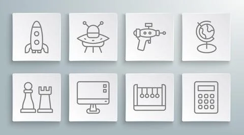 Set line Chess, UFO flying spaceship, Computer monitor screen, Pendulum, Ca.. イラスト素材