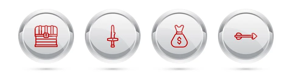 Set line Chest, Dagger, Old money bag and Arrow. Silver circle button. Vector Stock Illustration