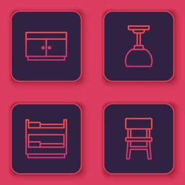 Set line Chest of drawers, Bunk bed, Lamp hanging and Chair. Blue square bu.. 스톡 일러스트