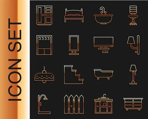 Set line Chest of drawers, Floor lamp, Wall sconce, Washbasin with water tap Stock Illustration
