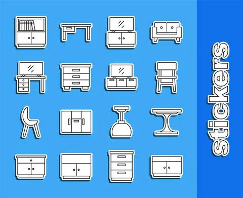 Set line Chest of drawers, Round table, Chair, TV stand, Furniture nightstand Illustrazione stock