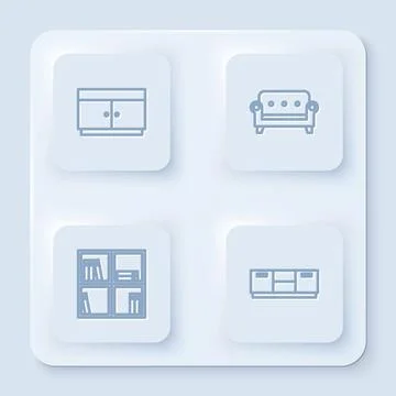 Set line Chest of drawers, Sofa, Shelf with books and Furniture nightstand Illustrazione stock