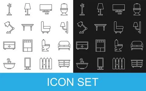 Set line Chest of drawers, Sofa, Wall sconce, Smart Tv, Wooden table, Table lamp Stock Illustration