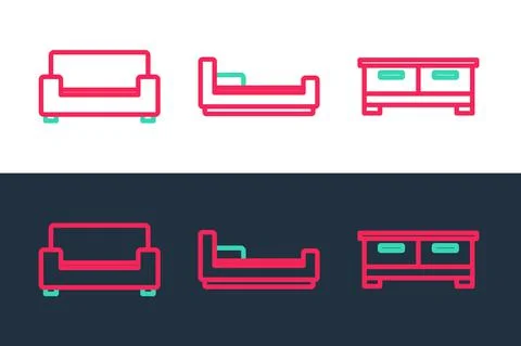 Set line Chest of drawers, Sofa and Bed icon. Vector Illustrazione stock