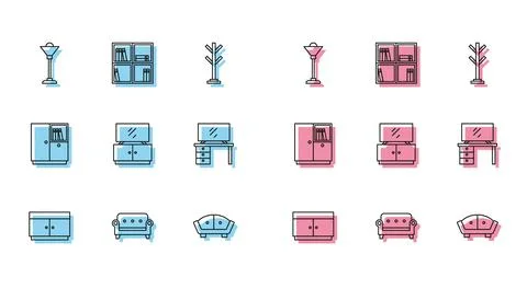 Set line Chest of drawers, Sofa, Floor lamp, TV table stand, Wardrobe and S.. Stock Illustration