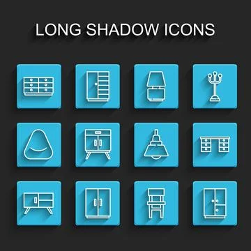 Set line Chest of drawers, Wardrobe, Chair, Office desk and Chandelier icon.. Stock Illustration