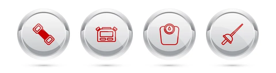 Set line Chest expander, Stopwatch, Bathroom scales and Fencing. Silver circle Stock Illustration