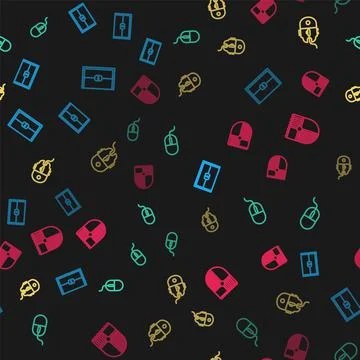 Set line Chest for game, Computer mouse, gaming and Shield on seamless pattern 스톡 일러스트