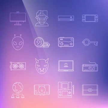 Set line Chest for game, Computer keyboard, Ancient, Video console, Coin, Alien Stock Illustration