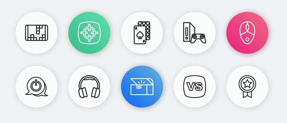 Set line Chest for game, Computer mouse, Power button, VS Versus battle, Ga.. Illustrazione stock