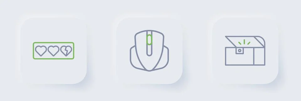 Set line Chest for game, Computer mouse and Game life bar icon. Vector 스톡 일러스트