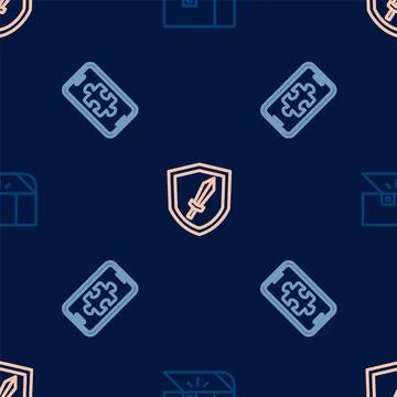 Set line Chest for game, Mobile gaming and Sword on seamless pattern. Vector Stockillustratie