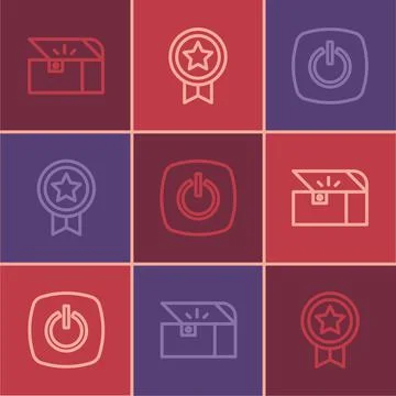 Set line Chest for game, Power button and Game rating with medal icon. Vector Illustrazione stock
