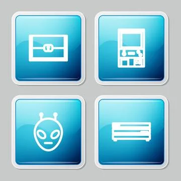 Set line Chest for game, Retro arcade machine, Alien and Video console icon.  Stock Illustration