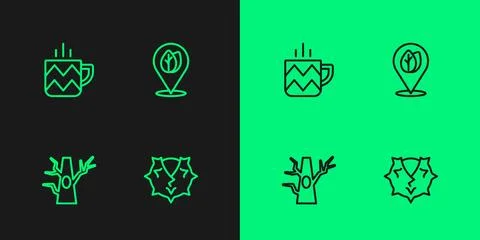 Set line Chestnut, Bare tree, Cup of tea and Location with leaf icon. Vector Stock Illustration