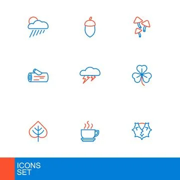 Set line Chestnut, Coffee cup, Leaf, Clover, Wooden log, Cloud and lightnin.. Stock Illustration