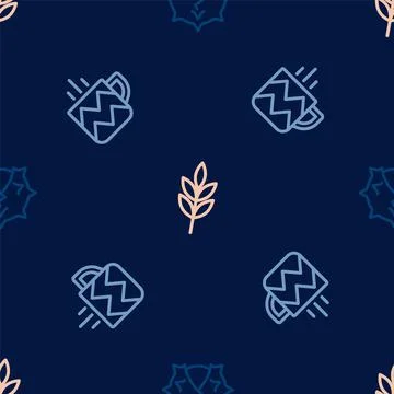 Set line Chestnut, Cup of tea and Leaf on seamless pattern. Vector Stock Illustration