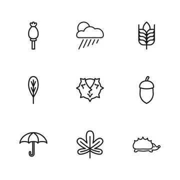 Set line Chestnut leaf, Acorn, Hedgehog, Wheat, Opium poppy, Cloud with rai.. Stock Illustration