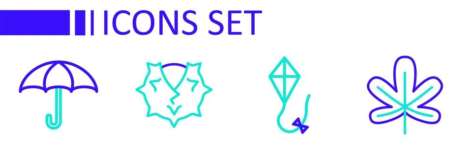 Set line Chestnut leaf, Kite,  and Umbrella icon. Vector Stock Illustration