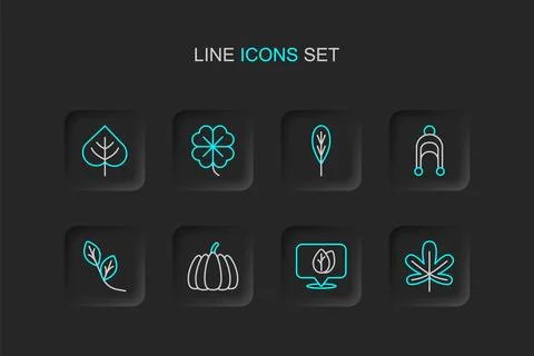 Set line Chestnut leaf, Location with, Pumpkin, Leaf, Four clover and  icon.. Stock Illustration