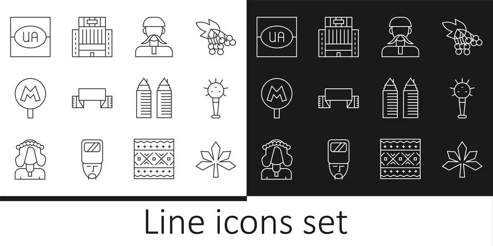 Set line Chestnut leaf, Mace, Ukrainian cossack, Embroidered towel, Metro o.. Ilustración de archivo