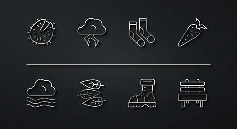 Set line Chestnut, Windy weather, Carrot, Waterproof rubber boot, Leaf or l.. Stock Illustration