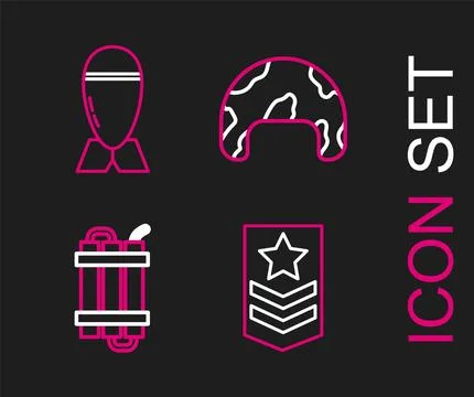 Set line Chevron, Detonate dynamite bomb stick, Military helmet and Aviation Stock Illustration