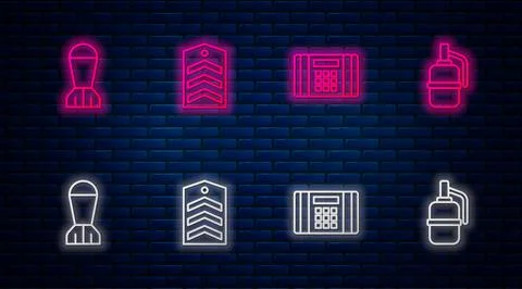 Set line Chevron, Dynamite bomb, Aviation and Hand grenade. Glowing neon icon on Illustrazione stock
