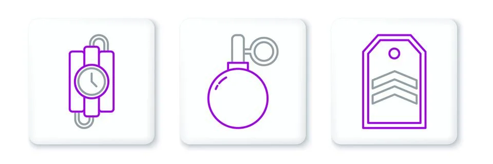 Set line Chevron, dynamite stick and timer clock and Hand grenade icon. Vecto Stock Illustration