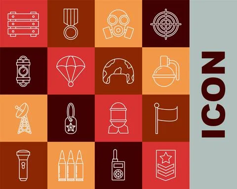 Set line Chevron, Flag, Hand grenade, Gas mask, Parachute, Detonate dynamite 库存插图