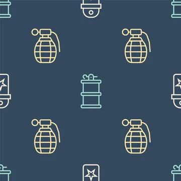 Set line Chevron, Hand grenade and smoke on seamless pattern. Vector Illustrazione stock