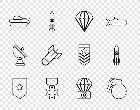 Set line Chevron, Hand grenade, Parachute, Military reward medal, tank, Aviation Stock Illustration