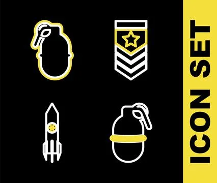 Set line Chevron, Hand grenade, Nuclear rocket and  icon. Vector Stock Illustration