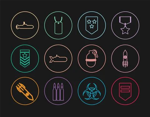 Set line Chevron, Nuclear rocket, Submarine, Hand grenade and Military dog tag Stock-Illustration
