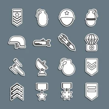Set line Chevron, Parachute with first aid kit, Military helmet, Submarine, and 스톡 일러스트