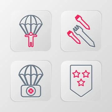 Set line Chevron, Parachute with first aid kit, Rocket and icon. Vector 스톡 일러스트