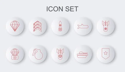 Set line Chevron, Parachute with first aid kit, Nuclear rocket, Military ta.. Illustrazione stock