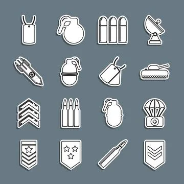 Set line Chevron, Parachute with first aid kit, Military tank, Bullet, Hand.. 스톡 일러스트