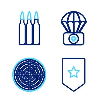 Set line Chevron, Radar with targets, Parachute first aid kit and Bullet icon Illustrazione stock
