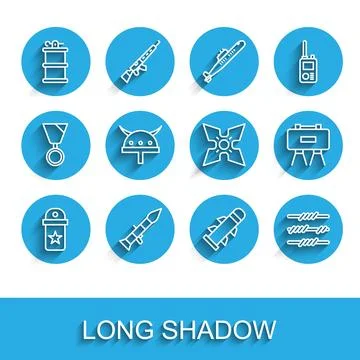 Set line Chevron, Rocket launcher, Hand smoke grenade, Barbed wire, Viking in Stock Illustration