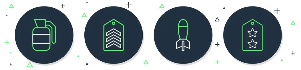 Set line Chevron, Rocket launcher, Hand grenade and Military rank icon. Vecto Stock Illustration