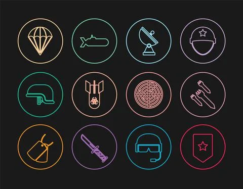 Set line Chevron, Rocket, Radar, Biohazard bomb, Military helmet, Parachute Illustrazione stock