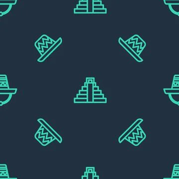 Set line Chichen Itza in Mayan, Mexican sombrero and on seamless pattern. Vector Stock Illustration