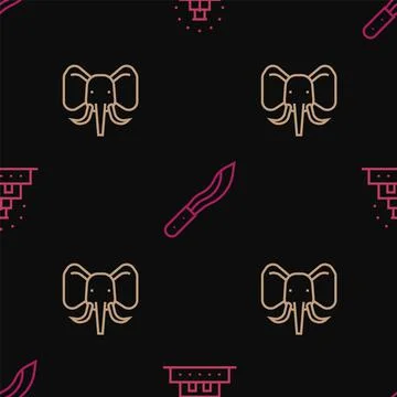 Set line Chichen Itza in Mayan, Elephant and Machete on seamless pattern. Vector Illustrazione stock