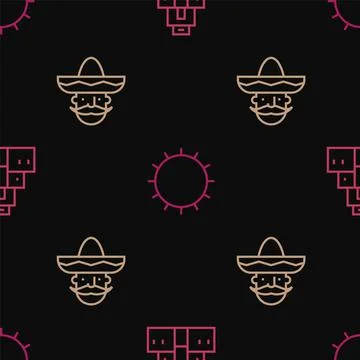 Set line Chichen Itza in Mayan, Mexican man sombrero and Sun on seamless pattern Stock Illustration